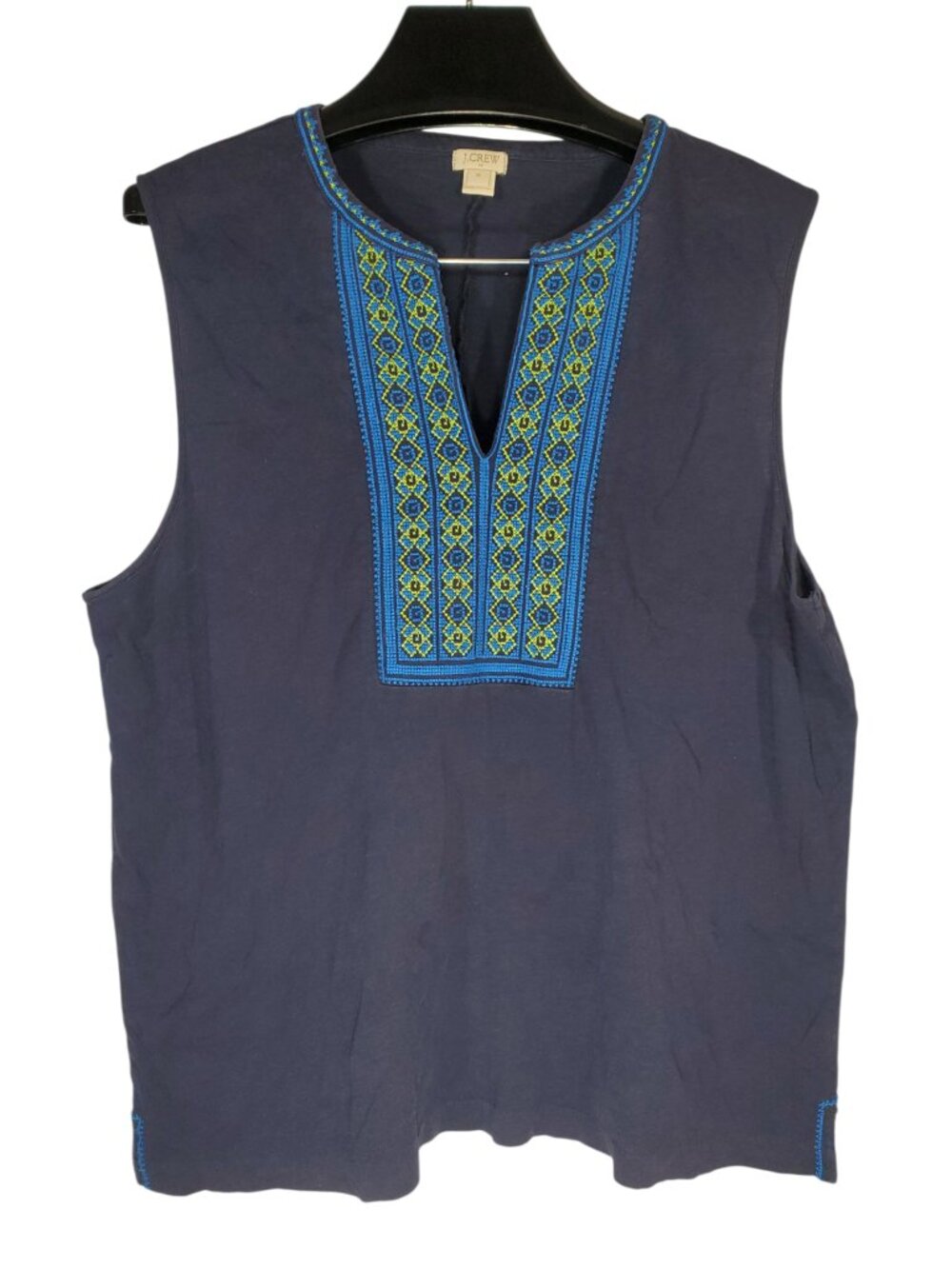 J.Crew Embroidered Placket Tank Top Women's XL Navy Blue Geometric Boho Hippie
